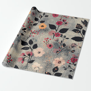 Papier Cadeau Motif lin floral rose rustique (3)