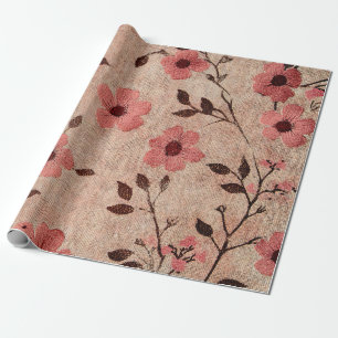 Papier Cadeau Motif lin floral rose rustique (4)
