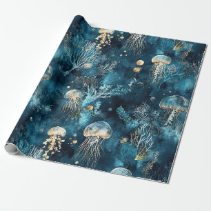 Papier Cadeau Motif Lux Ocean Jellyfish & Coral Gold