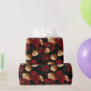 Papier Cadeau Motif Marbre Floral Rouge, Noir et Or Élégant