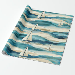 Papier Cadeau Motif maritime côtier de voilier bleu vintage