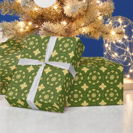 Papier Cadeau Motif médiéval à Rosette verte jaune (Vacances)