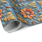 Papier Cadeau Motif mexicain Floral Orange Blue Tile (Coin rond)