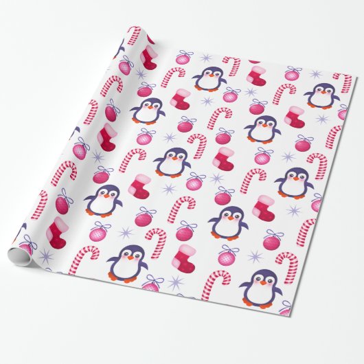 Papier Cadeau Motif mignon de Noël rose et blanc avec des (Déroulé)