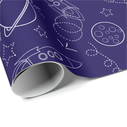 Papier Cadeau "Motif Minimal À Thème Spatial - Roquettes, Planèt (Coin rond)