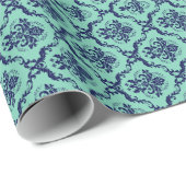 Papier Cadeau Motif Mint Vert Et Bleu Floral Damas (Coin rond)