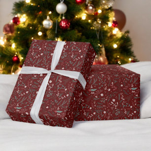 Papier Cadeau Motif moderne à fleurs de Noël rouge vert chic