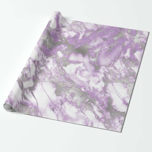 Papier Cadeau Motif moderne clair violet et marbre argenté (Déroulé)