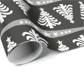 Papier Cadeau Motif moderne d'arbres de Noël blanc sur le noir (Coin rond)