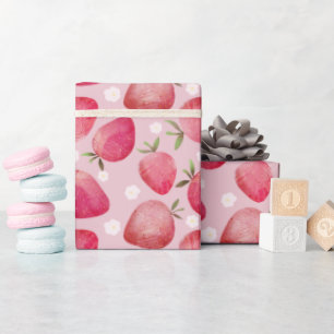 Papier Cadeau Motif moderne de fraise à l'aquarelle rouge et ros