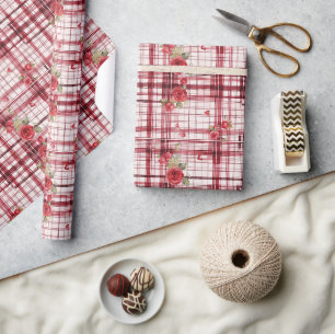 Papier Cadeau Motif moderne Tartan Rouge Floral