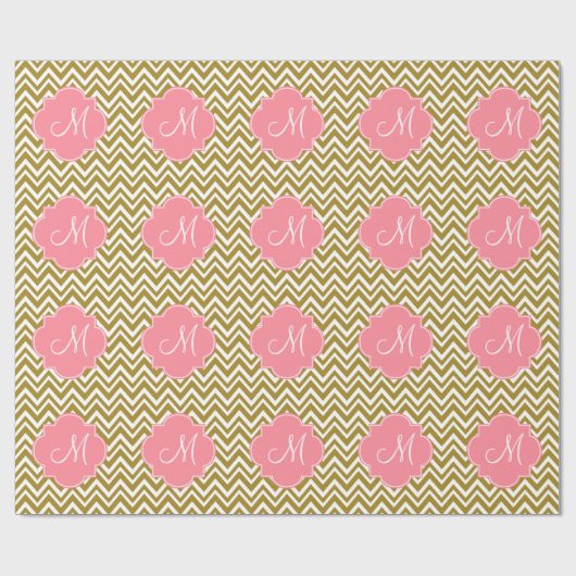 Papier Cadeau Motif Monogram Gold et White Chevron avec rose (Plat)