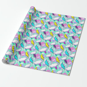 Papier Cadeau Motif Neon Lightning Bolts & Stars