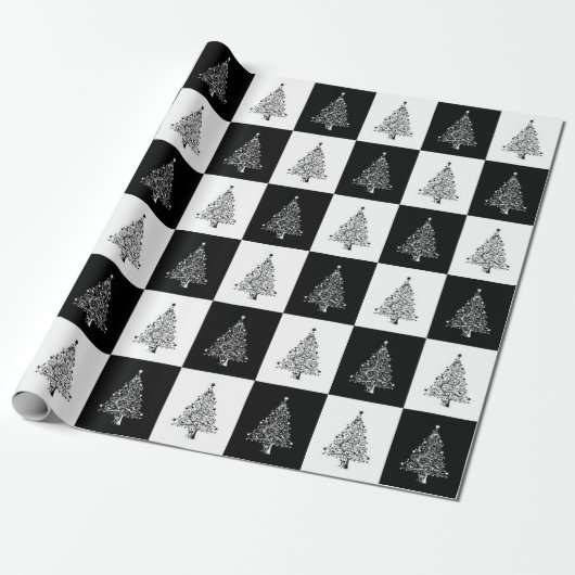 Papier Cadeau Motif noir d'arbre de Noël blanc élégant (Déroulé)