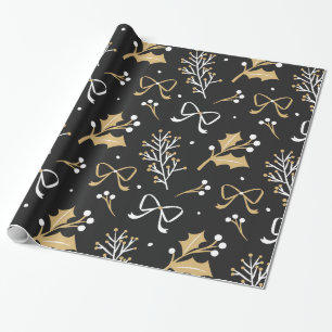 Papier Cadeau Motif noir élégant de gui et de Noël de ruban