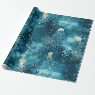 Papier Cadeau Motif Océan Corail Méduse Bleu Luxe