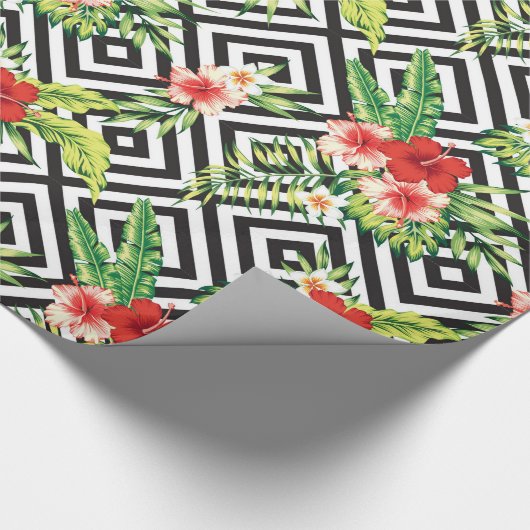 Papier Cadeau Motif octogonal noir et blanc et fleurs tropicales (Coin)