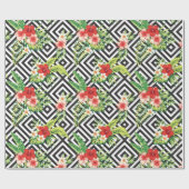 Papier Cadeau Motif octogonal noir et blanc et fleurs tropicales (Plat)