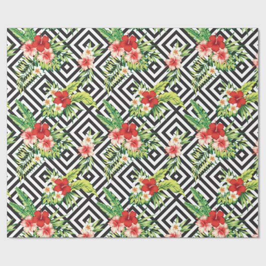 Papier Cadeau Motif octogonal noir et blanc et fleurs tropicales (Plat)