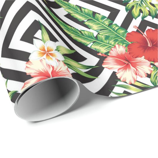 Papier Cadeau Motif octogonal noir et blanc et fleurs tropicales (Coin rond)