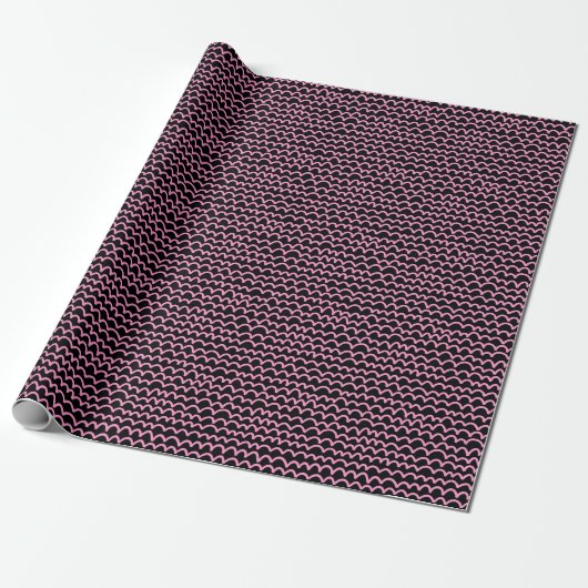 Papier Cadeau Motif ondulé - rose sur noir (Déroulé)