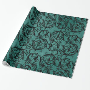 Papier Cadeau Motif ornemental vintage noir et sarcelle