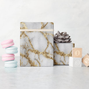 Papier Cadeau Motif Pailleté Blanc Veine Dorée Marbre de Luxe