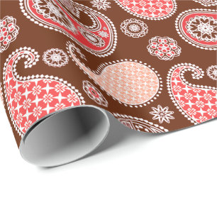 Papier Cadeau Motif Paisley, corail et chocolat