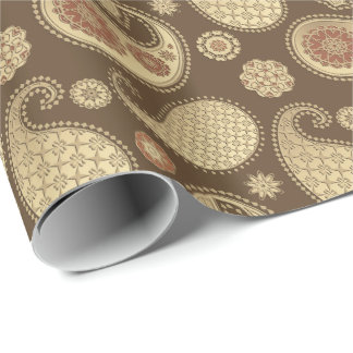 Papier Cadeau Motif Paisley, Or doux sur Brown au chocolat