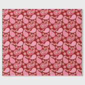 Papier Cadeau Motif Paisley, rouge foncé, rose et blanc (Plat)