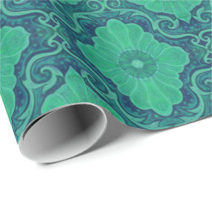 Papier Cadeau motif "Palatial floral" en vert et bleu marine