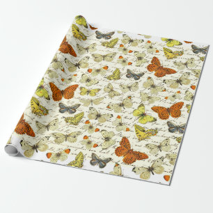 Papier Cadeau Motif papillon jaune beige vintage écriture script