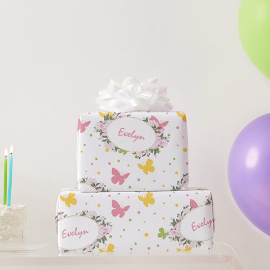 Papier Cadeau Motif Pastel Butterfly avec Fleurs et Nom (Cadeaux de fête)