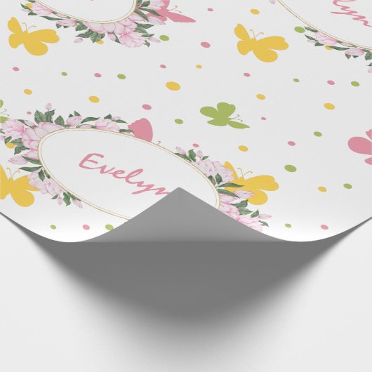 Papier Cadeau Motif Pastel Butterfly avec Fleurs et Nom (Coin)