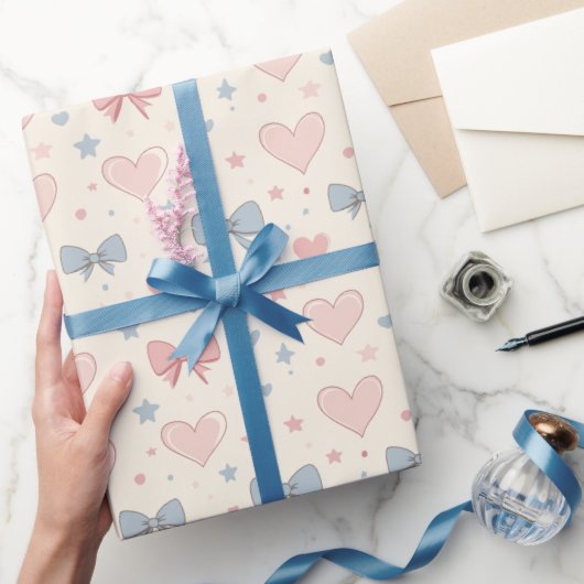 Papier Cadeau Motif Pastel Rose et Bleu Bow et Coeur (Cadeaux)