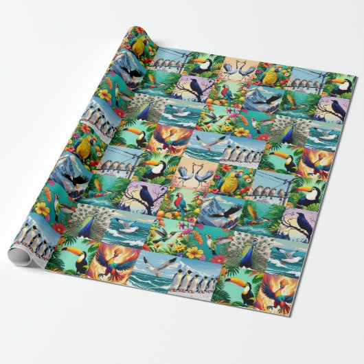 Papier Cadeau Motif patchwork d'oiseaux (Déroulé)