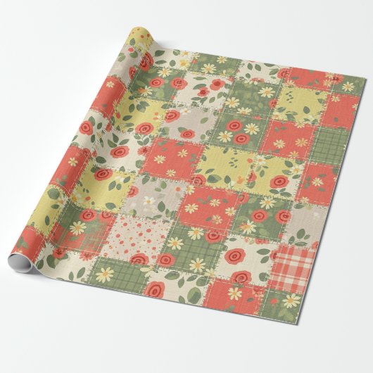 Papier Cadeau Motif Patchwork Floral de Ferme (Déroulé)