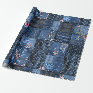 Papier Cadeau Motif patchwork floral indigo Denim bohème