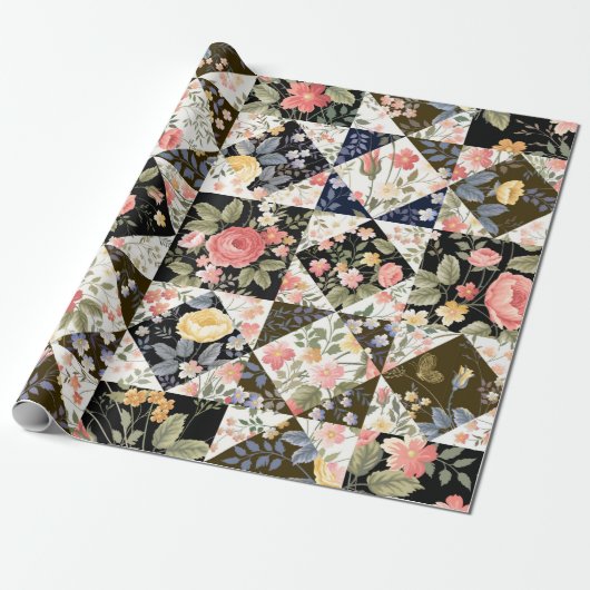 Papier Cadeau motif patchwork transparent avec fleurs (Déroulé)