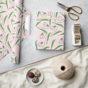 Papier Cadeau Motif perce-neige sur rose saumoné
