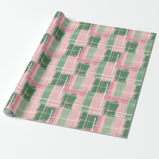 Papier Cadeau Motif Plaid Rose Et Vert Avec Une Bande Blanche (Déroulé)