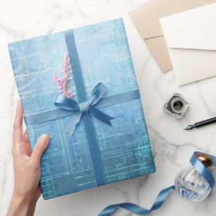 Papier cadeau motif plan architectural bleu 