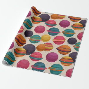 Papier cadeau motif planète bonbons rétro colorés