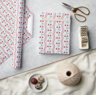 Papier Cadeau Motif rayure à coquille et cerise bleu pastel