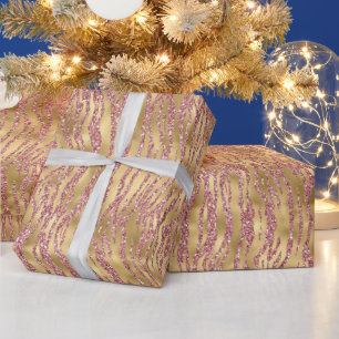 Papier Cadeau Motif rayures de tigre pailleté rose et or