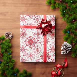 Papier Cadeau Motif Red & Gold Snowflake
