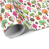 Papier Cadeau motif rétro de hibou à feuilles roses (Coin rond)