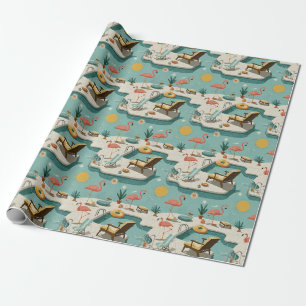 Papier Cadeau Motif rétro flamant rose au bord de la piscine (1)