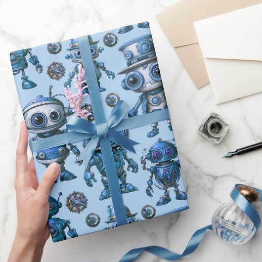 Papier Cadeau Motif robotique bleu (Cadeaux)