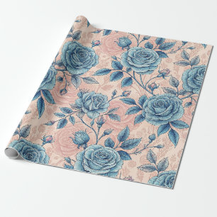 Papier Cadeau Motif Rose bleu rétro sur Arrière - plan rose doux